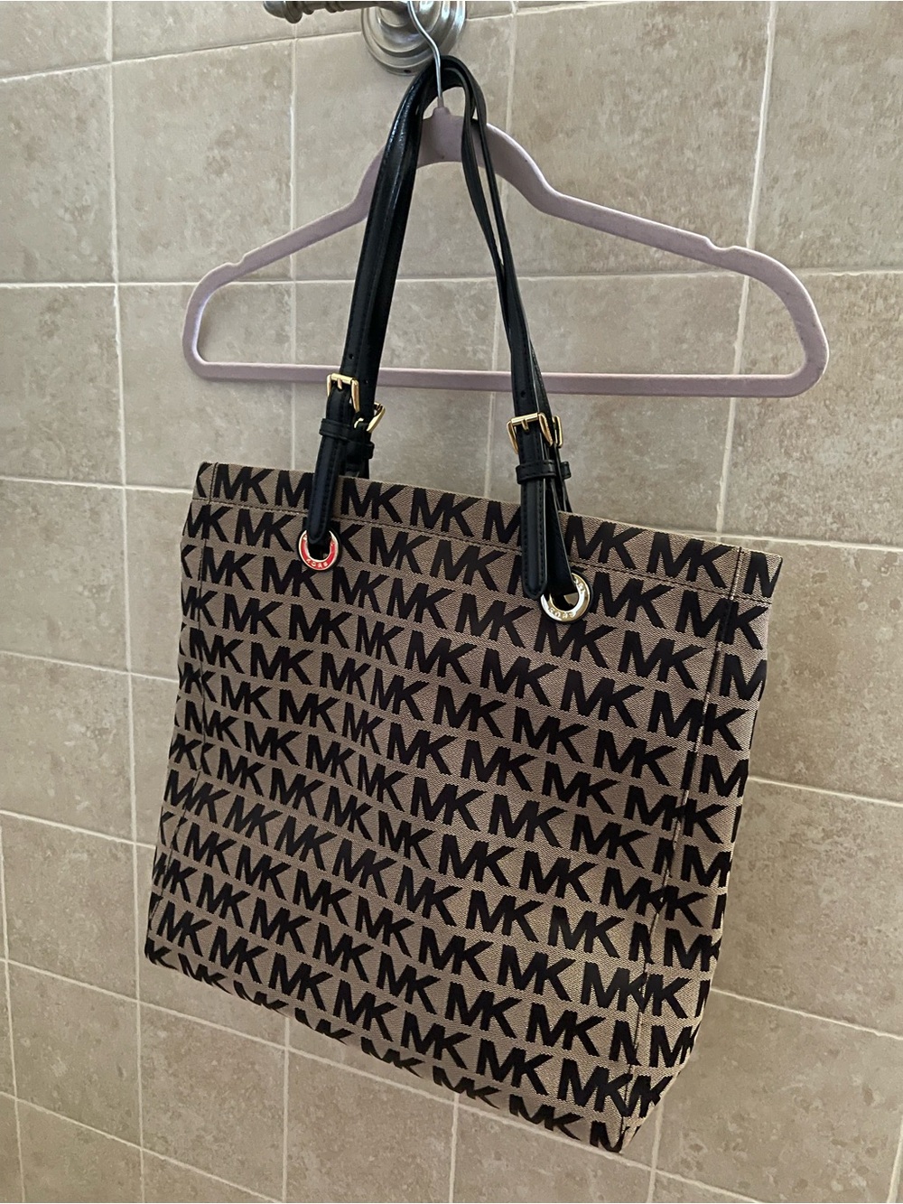 Michael Kors Brown MK Logo Tote with Black Handles and Gold Hardware - Picture 2 of 6